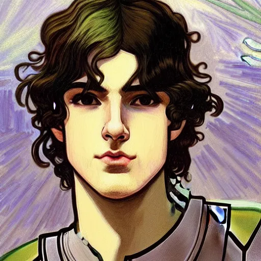 Image similar to painting of young handsome beautiful paladin elf!! man with long wavy dark hair in his 2 0 s named shadow taehyung at the blueberry party, wearing armor!, elegant, clear, painting, stylized, delicate, soft facial features, art, art by alphonse mucha, vincent van gogh, egon schiele,