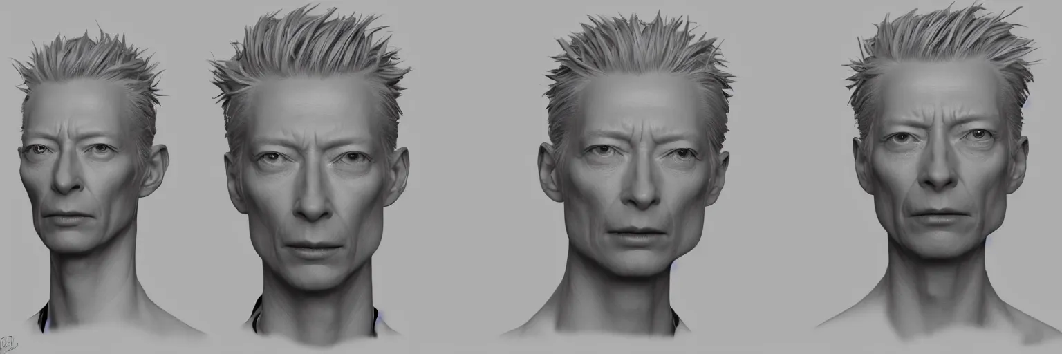 Image similar to male character study of tilda swinton, 2 0 2 2, clear faces, emotional, character sheet, fine details, concept design, contrast, kim jung gi, pixar and da vinci, trending on artstation, 8 k, full body and head, turnaround, front view, back view, ultra wide angle