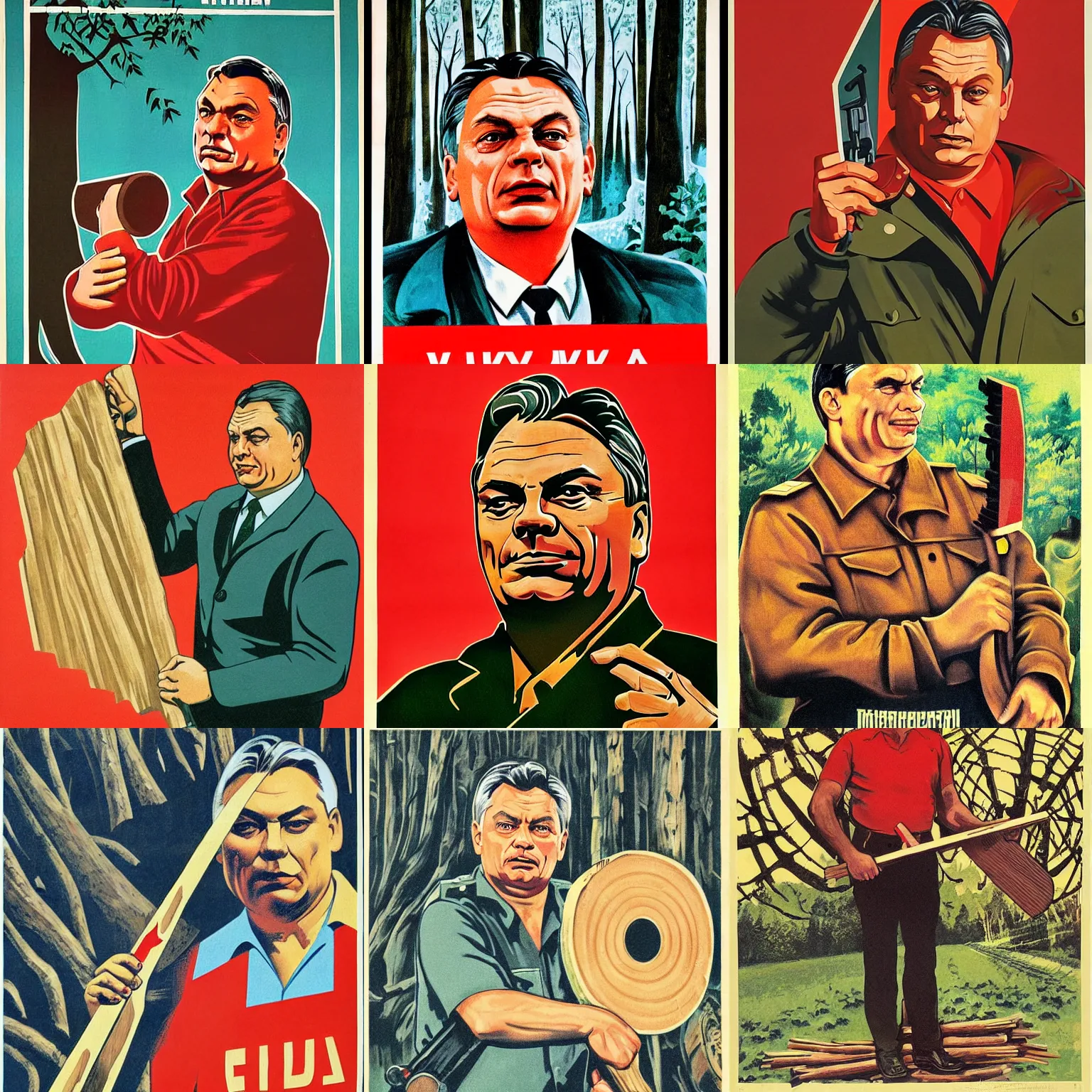 Prompt: soviet propaganda poster of viktor orban, highly detailed face, holding wood saw, forest in background
