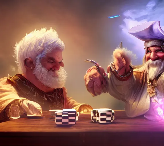 Prompt: a white haired dwarf and a pirate halfling gambling with dice near a creak, illustration, wlop, highly detailed, colorful, unreal engine, octane render, dramatic lighting, cinematic composition,