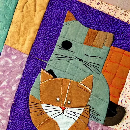 Prompt: a sleeping cat made of patchwork fabrics