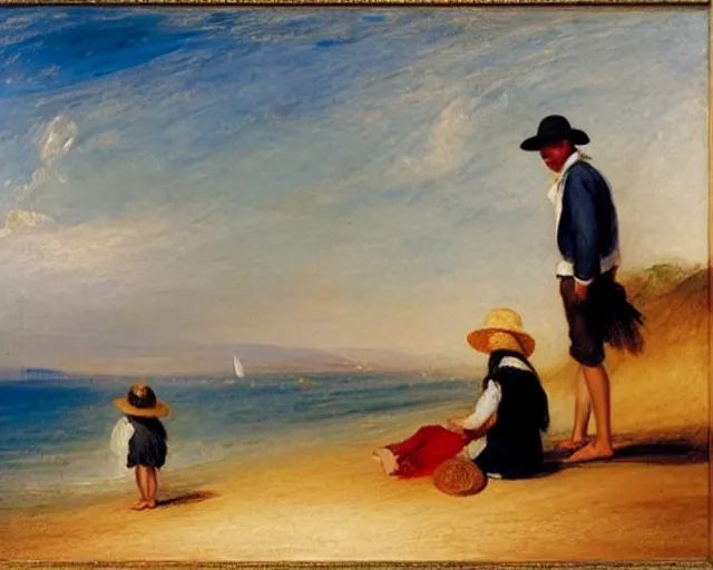 Image similar to a couple and a girl toddler on a beach in sardinia looking at a sailing boat, the man is wearing a panama hat, the woman has long dark hair, white sand, blue sky, summer, white and blue, painting by j. m. w. turner