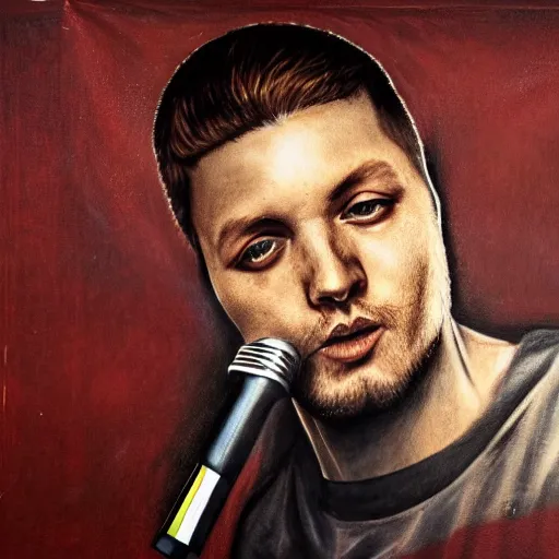 Image similar to beautiful portrait of german rapper kool savas burning up a mic, by katja kuhl, photorealistic, hyperrealism