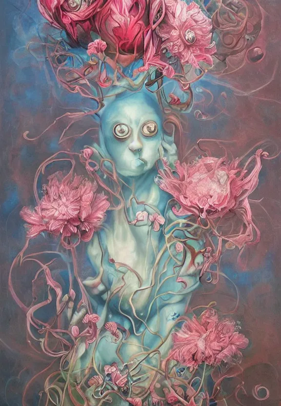 Image similar to a biomorphic painting of a vase with flowers and eyeballs in it, a surrealist painting by Marco Mazzoni, by Dorothea Tanning, Peter Mohrbacher, pastel blues and pinks, featured on artstation, metaphysical painting, oil on canvas, fluid acrylic pour art, airbrush art, seapunk, rococo, lovecraftian