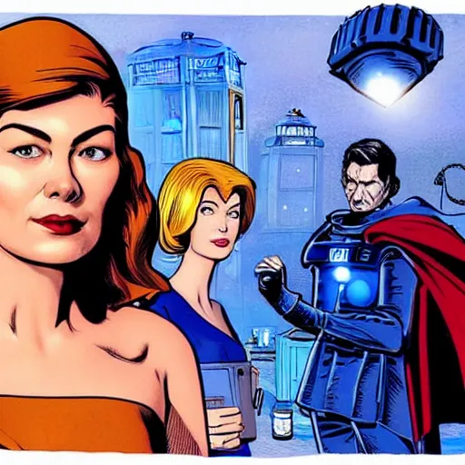 Prompt: rosamund pike, dark - hair, as the doctor, in the background is the tardis, bold complementary colours, 2 d matte, comic book art, art by john cassaday and michael choi and joe madureira,