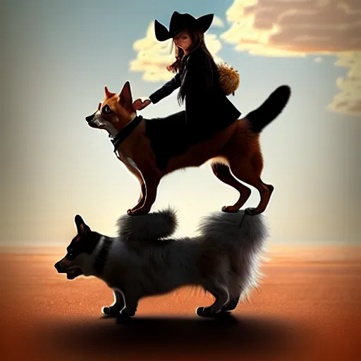 Image similar to tiny cat girl in cowboy hat riding on the back of a giant corgi by greg rutkowski