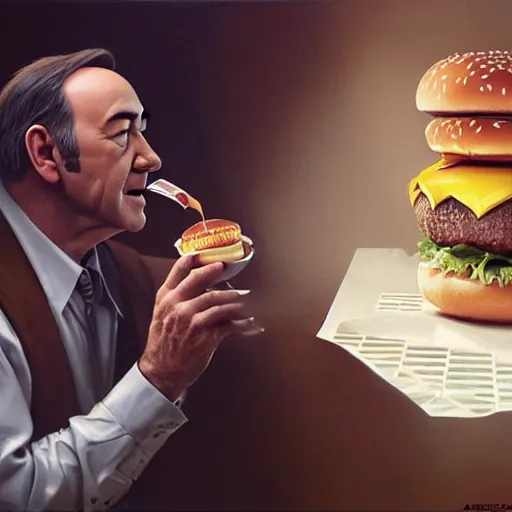 Image similar to Kevin Spacey eating a mcdonald's big mac hamburger, dripping BBQ Sauce, serving burgers, intricate, elegant, feminine ethereal, hearthstone, D&D, magical mystical, highly detailed, digital painting, artstation, concept art, matte, sharp focus, hyperreal, art by Artgerm and Greg Rutkowski and Alphonse Mucha