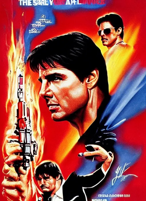 Image similar to the movie poster of scarface with tom cruise, high quality, studio photography, colourful, hero, 1 9 8 8, heroic, beautiful