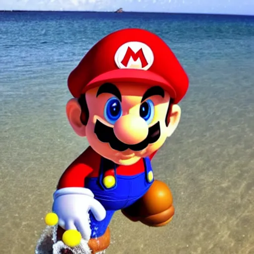 Prompt: super mario standing in the water at a beach