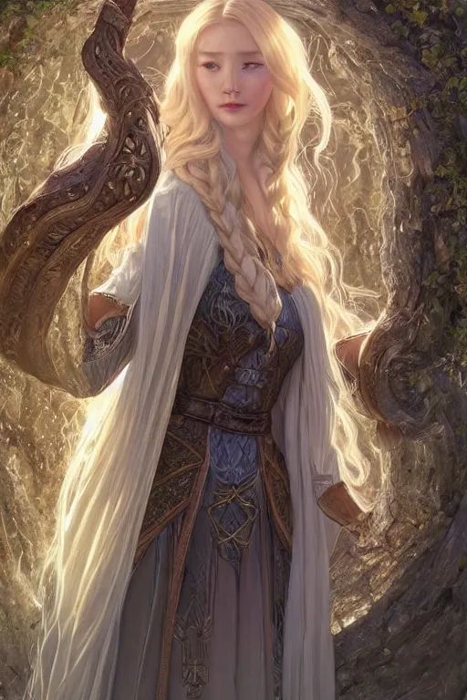 Prompt: beautiful cottagecore mage blonde braided hair chungha opening a portal gate, heavy cloak leather armor, castle, fantasy character portrait, ultra realistic, intricate, elegant, highly detailed, digital painting, artstaion, smooth, sharp, focus, illustration, art by artgerm and greg rutkowski and alphonse mucha