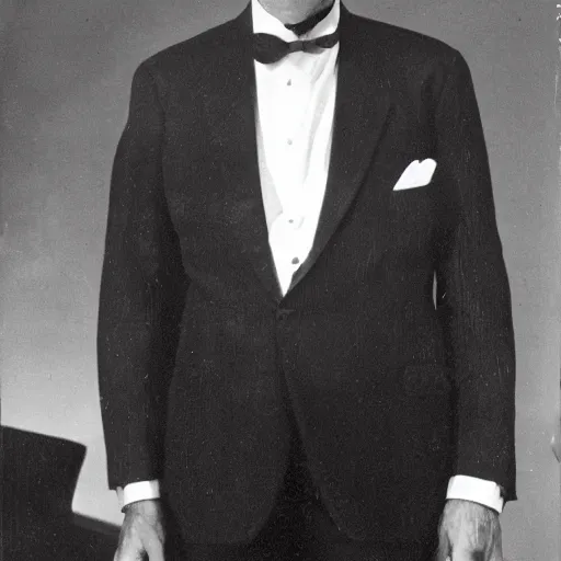 Image similar to Photo of a man in a black suit and tie with his arms at his side