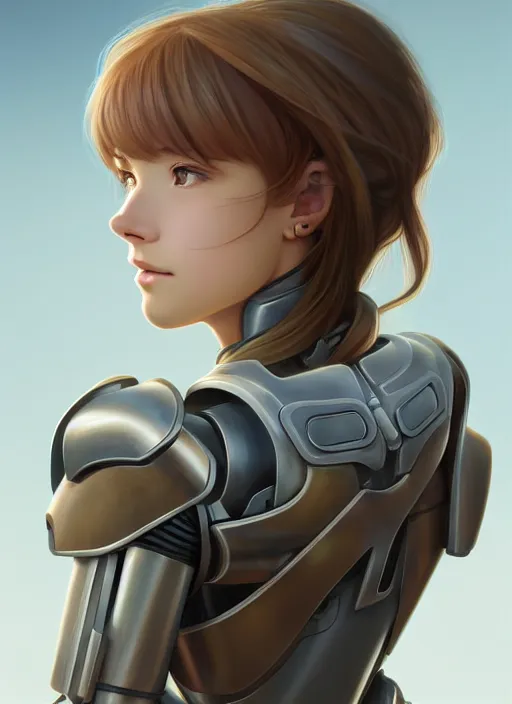 Image similar to young mysterious girl with light hazelnut hair with side swept bangs, perfectly proportioned face, brown eyes, strong square jawline, natural lighting, path traced, highly detailed, high quality, cartoon, digital painting, by new haicheng and studio ghibli and alphonse mucha wearing an cyborg space armor designed by neill blomkamp