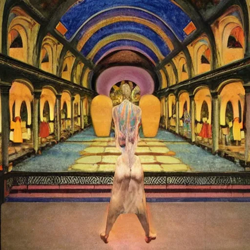 Image similar to a procession of women in a giant abandoned temple, hyperrealistic film still by gottfried helnwein, by klimt, by paolo uccello, art nouveau, highly detailed, lights by edward hopper, liminal, eerie, metaphysical, bright pastel colors,