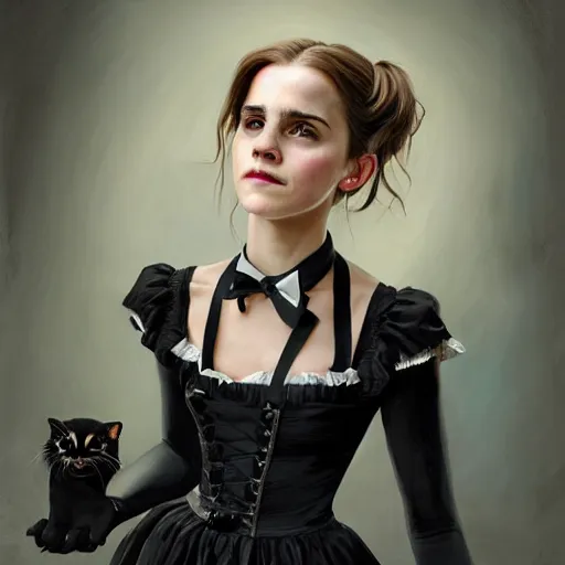 Prompt: highly detailed painting of emma watson wearing a black cat lolita maid dress, 8 k, by greg rutkowski, artgerm, global illumination