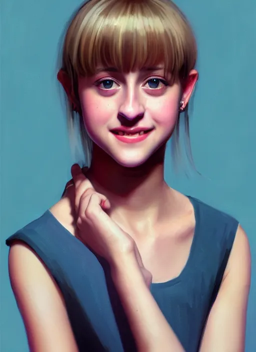 Image similar to portrait of teenage lili reinhart with bangs, smiling kindly, bangs, 1 9 6 0 s, ponytail, bangs and ponytail, intricate, elegant, glowing lights, highly detailed, digital painting, artstation, concept art, smooth, sharp focus, illustration, art by wlop, mars ravelo and greg rutkowski