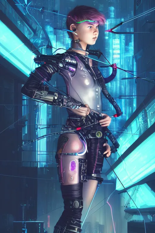 Image similar to portrait futuristic adorable cyberpunk young female archer, in futuristic stormy thunder light tokyo rooftop cyberpunk night, ssci-fi, fantasy, intricate, very very beautiful, elegant, neon light, highly detailed, digital painting, artstation, concept art, soft light, hdri, smooth, sharp focus, illustration, art by tian zi and craig mullins and WLOP and alphonse mucha