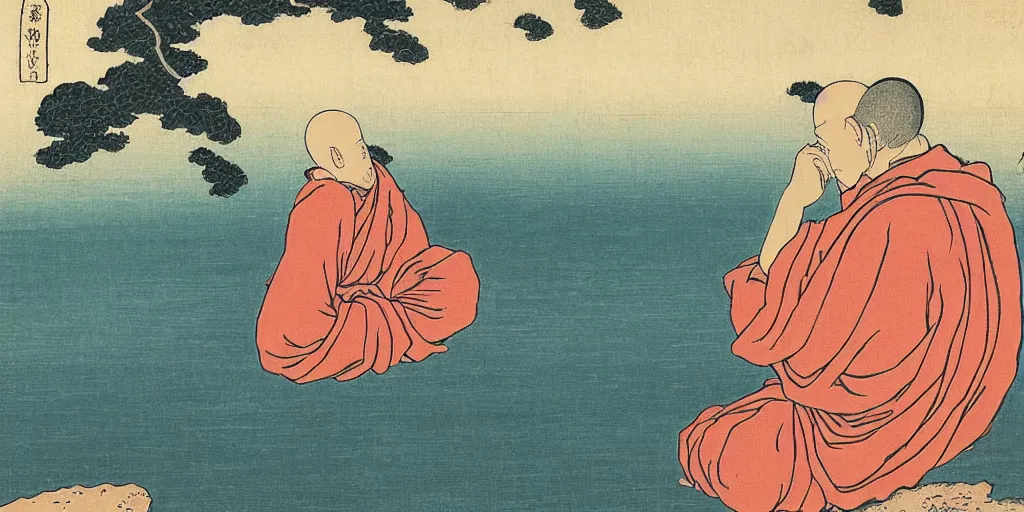 Prompt: a monk sits alone on the cliff ledge in the lotus position looking out onto a vast ocean, by Katsushika Hokusai