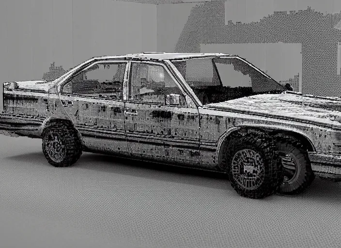 Image similar to synthesized hologram aiburning wrecked mercedes 1 2 4, pixelart, game 8 - bit monochrome gameboy!!, takato yamamoto. masterpiece. rendered in blender, ultra realistic, smooth shadows, ultra detail, high resolution, cinematic, unreal 6, 8 k