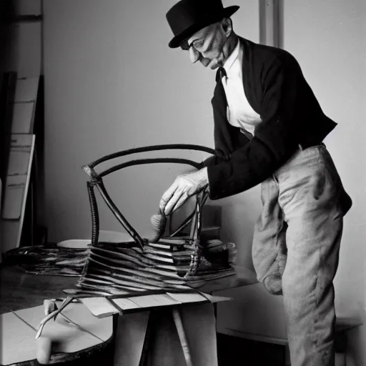 Image similar to a long exposure shot of Marcel Duchamp working on a readymade object, archival pigment print