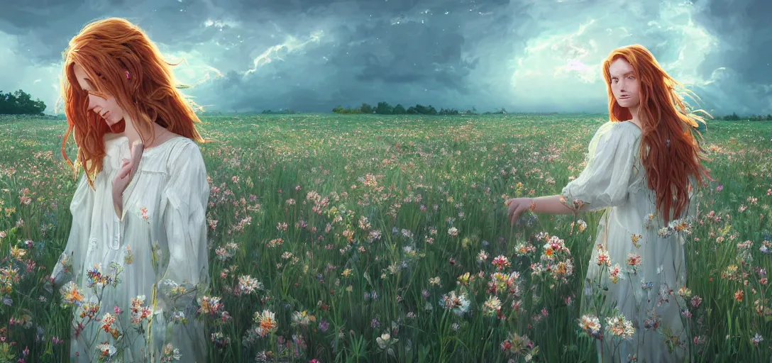 Image similar to a beautiful southern woman named Savannah, innocent, somber turquoise eyes, freckles, long ginger hair tied with white ribbon, relaxed in a field of flowers on a farm, gentle lighting, storm in the distance, western clothing, dress, digital art by Makoto Shinkai ilya kuvshinov and Wojtek Fus, digital art, concept art,