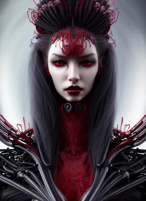 Prompt: a photorealistic detailed image of a beautiful stoic vampire in sci - fi bionic armor with flowing hair, black and red only, intricate, elegant, highly detailed, digital painting, artstation, concept art, smooth, sharp focus, illustration, art by hana yata, artem demura, alphonse mucha, octane render, unreal engine, 8 k