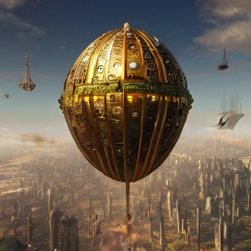 Image similar to enormous flying city in a gigantic faberge egg, sky, steampunk, fantasy art, unreal engine,