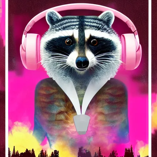 Image similar to racoon wearing pink headphones, chad, poster style, vivid colors