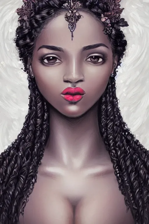Image similar to A bust of a beautiful dark skinned Dominican Republic girl with large lips and smooth eyebrows and straight hair, HD, illustration, epic, fantasy, intricate, elegant, amazing detail, digital painting, artstation, concept art, smooth, sharp focus, illustration, art by Turine Tran