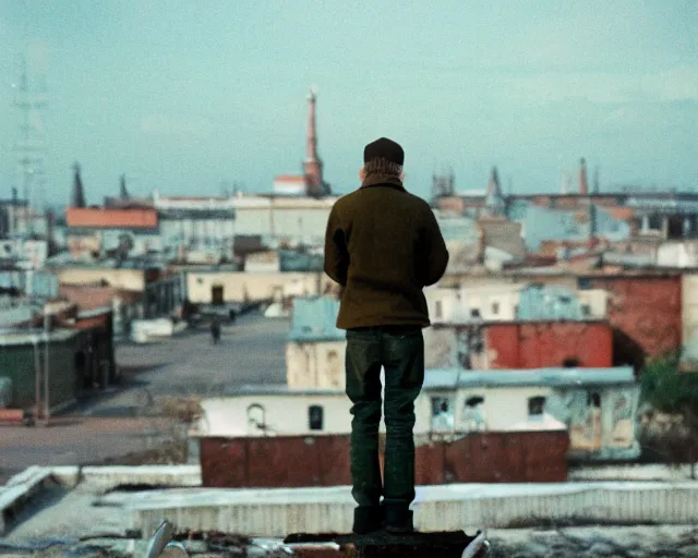 Image similar to lomo photo of man standing on the roof of soviet hrushevka, small town, cinestill, bokeh, out of focus