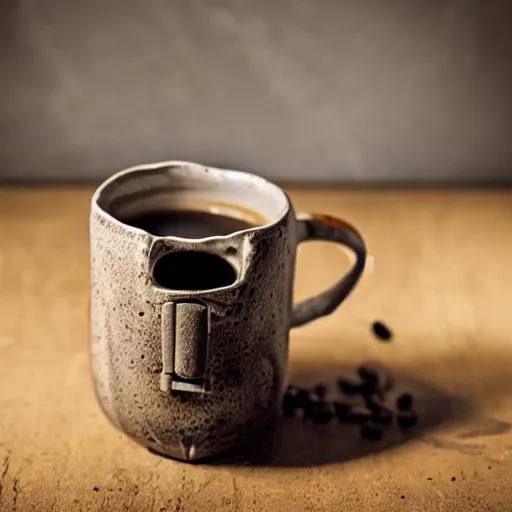 Prompt: stunning award winning photograph of a coffee mug being shot with a pistol