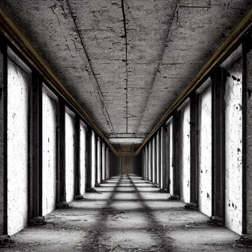 Prompt: a long dark decrepit asylum hallway, one point perspective, vanishing point, symmetrical composition, dramatic lighting, by lee madgwick, photorealistic, v - ray render 8 k uhd