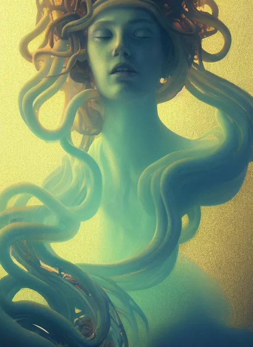 Prompt: subsurface scattering, medusa made of soft wax, cgsociety, translucent, wooden art nouveau swirls, organic fractals, colored smoke, gold cables, electricity, in the style of ruan jia and beeple and giger, mystical colors, back light, rim light, dramatic lighting, 8 k, stunning scene, raytracing, octane render