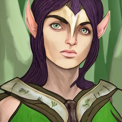 Image similar to athena as a medieval fantasy wood elf, dark purplish hair tucked behind ears, wearing a green tunic with a fur lined collar and brown leather armor, wide, muscular build, scar across nose, one black, scaled arm, cinematic, character art, digital art, forest background, realistic. 8 k