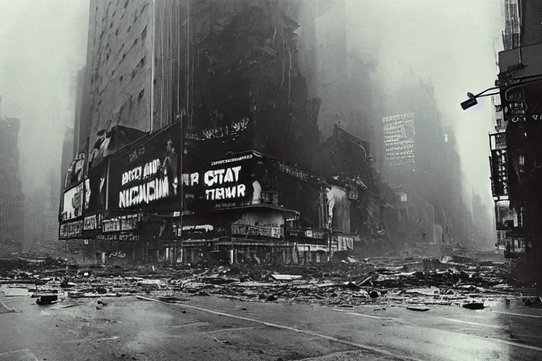 Image similar to dark photo of an destroyed times square after a nuclear attack, thunderstorm, pictorialism, desolate