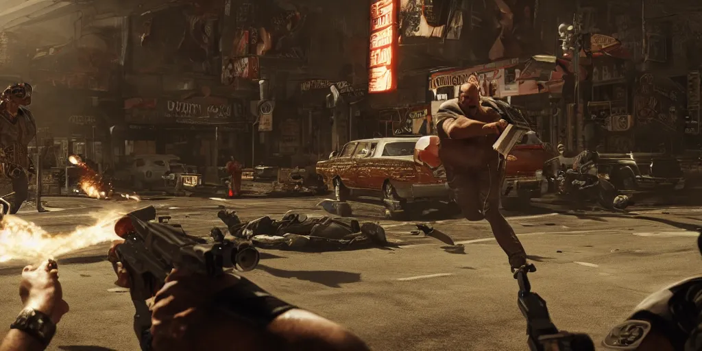 Image similar to tony soprano gets shot by duke nukem, realistic 4 k octane beautifully detailed render, 4 k post - processing, highly detailed, intricate complexity, epic composition, magical atmosphere, cinematic lighting, masterpiece, ultra hd