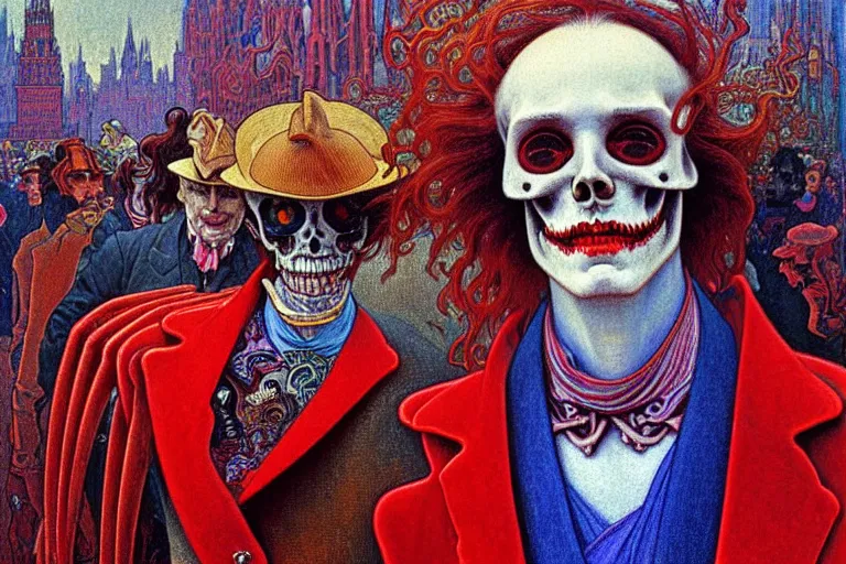 Image similar to realistic detailed closeup portrait painting of a single skeleton wearing red velvet blazer in a crowded futuristic moscow street by Jean Delville, Amano, Yves Tanguy, Alphonse Mucha, Ernst Haeckel, Edward Robert Hughes, Roger Dean, rich moody colours, blue eyes