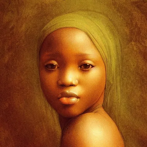 Image similar to a painting of a African girl by Leonardo da Vinci . dramatic angle, ethereal lights, details, smooth, sharp focus, illustration, realistic, cinematic, artstation, award winning, rgb , unreal engine, octane render, cinematic light, macro, depth of field, blur, red light and clouds from the back, highly detailed epic cinematic concept art CG render made in Maya, Blender and Photoshop, octane render, excellent composition, dynamic dramatic cinematic lighting, aesthetic, very inspirational, arthouse.