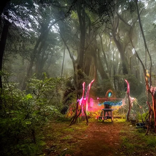 Image similar to psytrance party in a secluded forest, mystical, psychedelic, fog