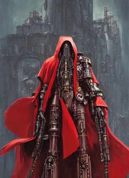 Image similar to portrait of adeptus mechanicus in red hood and robe from Warhammer 40000. Highly detailed, artstation, illustration by and John Blanche and zdislav beksinski and wayne barlowe