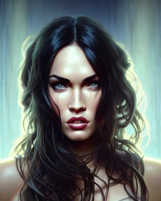 Image similar to portrait of megan fox with sultry face expression, glowing eyes, intricate, headshot, highly detailed, digital painting, artstation, concept art, sharp focus, cinematic lighting, illustration, art by artgerm and greg rutkowski, alphonse mucha, cgsociety