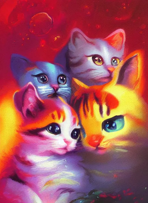 Image similar to colourful painting of two cute little kitties, art in paul lehr style, wide shot, bright, soft lighting, focus, masterpiece art - w 7 0 4