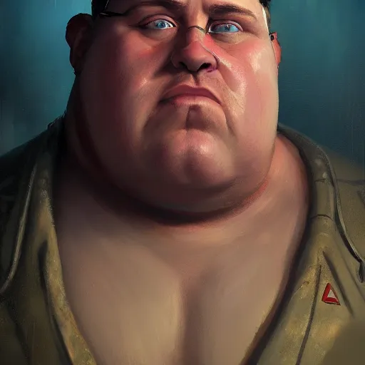 Image similar to closeup portrait of an overweight barkeeper, prosthetic robot arm, ratz, neuromancer, bar background, painted by greg rutkowski, painted by igor kieryluk, high detail, dramatic light, digital art, trending on artstation