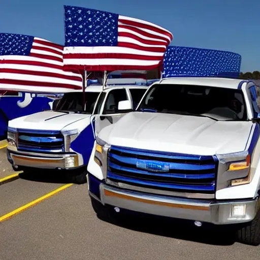 Image similar to photo of big blue biden pickup trucks with american flags on them.