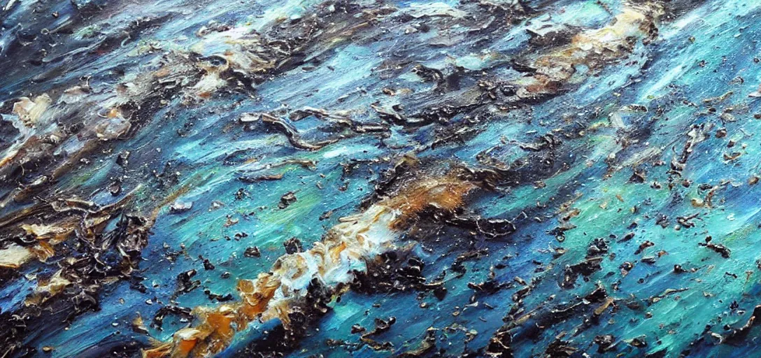 Image similar to photorealistic oil painting of an oil spill in the ocean, oil painting, hyper realism, hyper realistic, realism, realistic, hyper detailed, detailed, ultra detailed, 8 k, sad, emotional, dramatic, 8 k