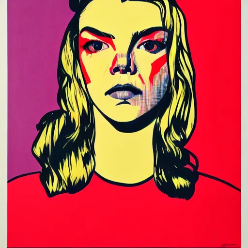 Prompt: beautiful female anya taylor - joy portrait in detail in block colour by james jean, by andy warhol, by roy lichtenstein, by egon schiele