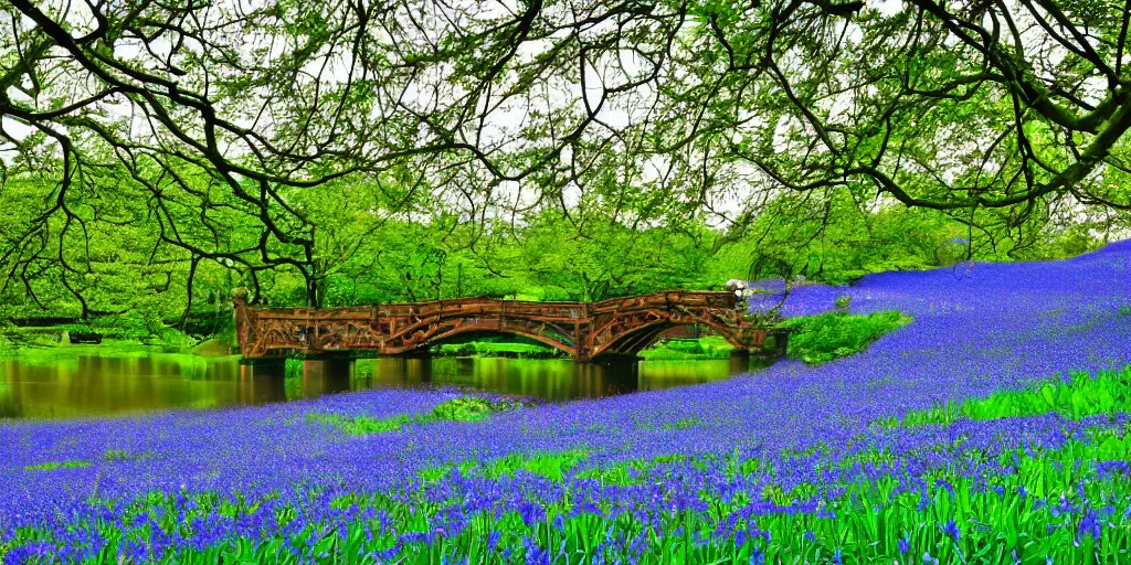 Prompt: a park filled with bluebell flowers, containing a lake crossed by a big beautiful bridge, scenery wallpaper