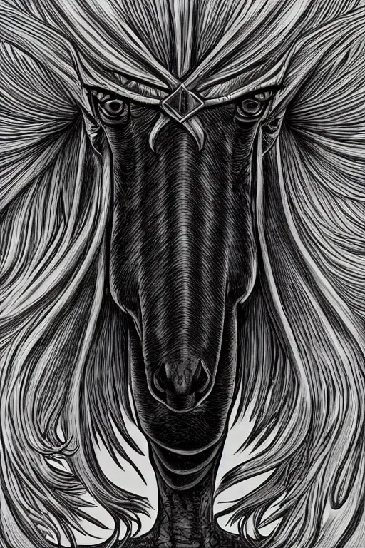 Image similar to evil horse with a horn, symmetrical, highly detailed, digital art, sharp focus, trending on art station, kentaro miura manga art style