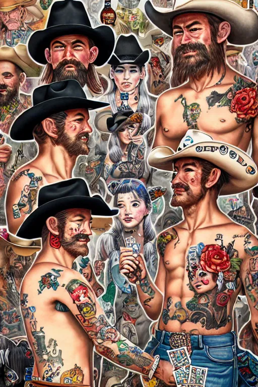 Image similar to full view, from a distance, of cowboys with tattoos, in the saloon playing card games, style of yoshii chie and hikari shimoda and martine johanna, highly detailed