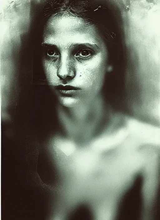 Prompt: close - up portrait of beautiful young woman underwater, art by sally mann