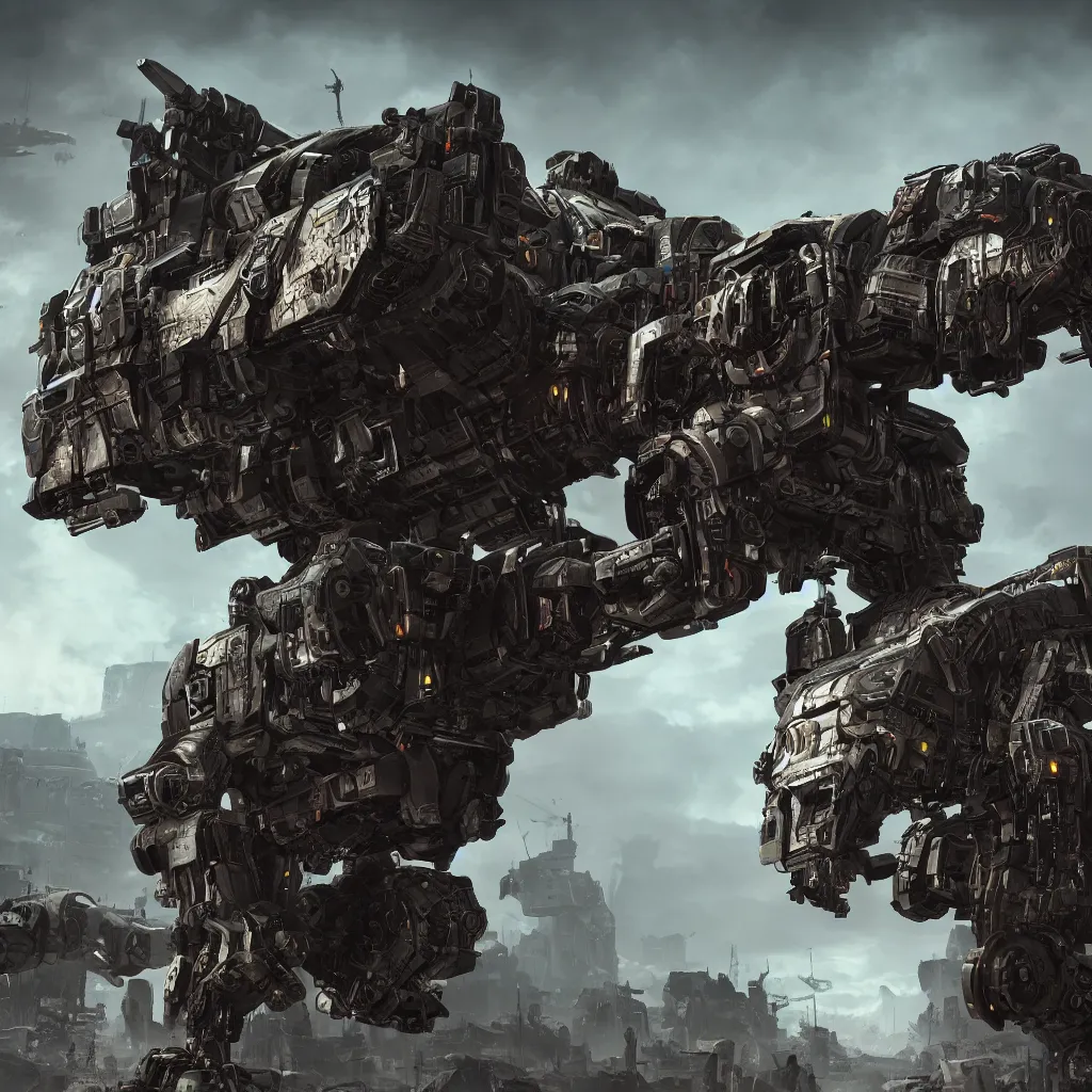 Image similar to robotic warhound, grimdark, ultra wide shot, hypermaximalistic, high details, cinematic, 8k resolution, beautiful detailed, insanely intricate details, artstation trending, octane render, unreal engine